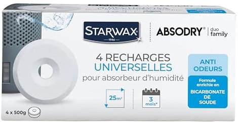 STARWAX - Pastillas Absorbentes de Humedad x 4 - Protege del moho - Antiolor - Sin colorantes - Sin perfume - 1 recambio trata 25m² durante 3 meses aprox.