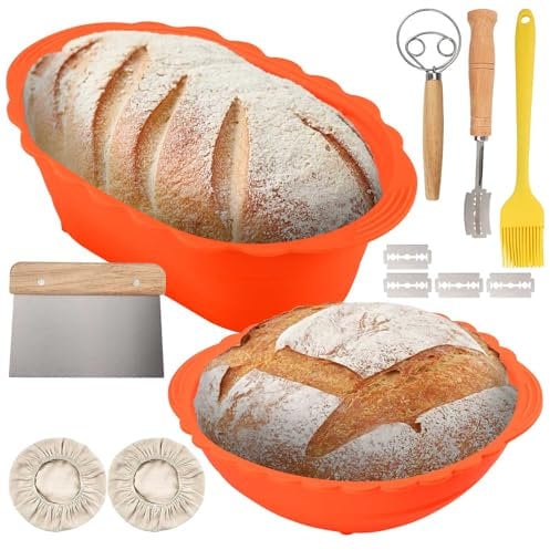 Silicone Bread Proofing Baskets, 10 inch Round + Oval Sourdough Baking Basket, Durable Foldable Complete Bread-Making Tools for Beginners (Orange)