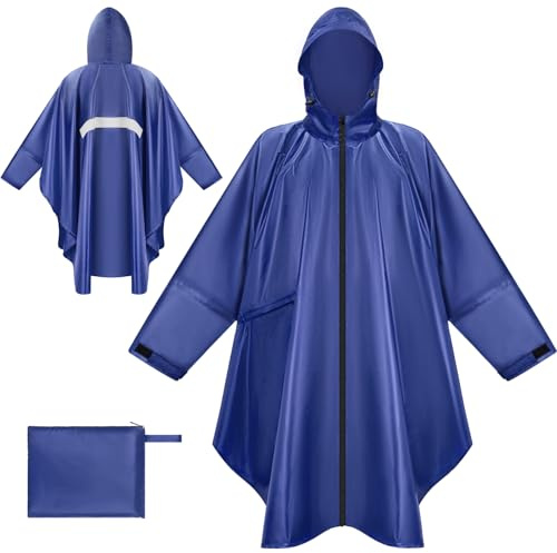 BTNEEU Regenponcho Damen Regencape Wasserdicht mit Reißverschluss Rain Poncho Festival Wiederverwendbar Regenmantel mit Kapuze und Ärmeln Regenjacke Fahrrad Lang für Wandern Camping Draussen (Blau)