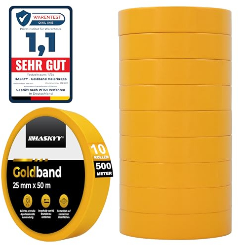 HASKYY Goldband Malerkrepp Kreppband 10x Malerband 25mm x 50m Profi Abdeckband Malertape Klebeband Washi Tape Gold Papiertape Selbstklebend