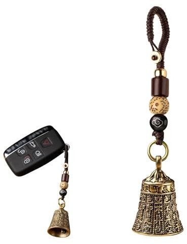 Campana vintage in ottone – Portachiavi con campanella per auto, scritture buddiste repellenti | 3,2 x 2,5 cm, campanello in ottone puro con suono forte, piccole campane in ottone ornamenti con