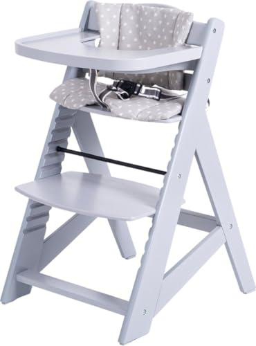 Buxibo Holz-Wachstumsstuhl für Kinder – Mit Essbrett – Verstellbarer Stuhl für Komfort & Design – Inkl. Kissen – 48x58x80 cm – Grau