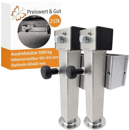 2 STK Anhänger Stützen höhenverstellbar 410-655 mm kippbar 1300 kg | Anhängerstütze und Ausdrehstütze aus Stahlrohr 60 x 60 mm, SF60 D42 SW19, Eigengewicht 7,7 kg pro Stück