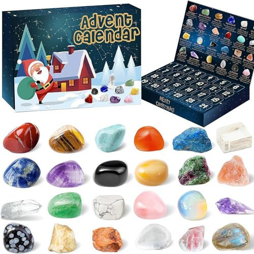 Adventskalender 2024, Weihnachten, Edelstein-Adventskalender, Weihnachten, 24 Tage, Countdown-Stein, Felsen, Geschenke, 24 natürliche Bergkristalle, Kollektion für Familie und Freunde