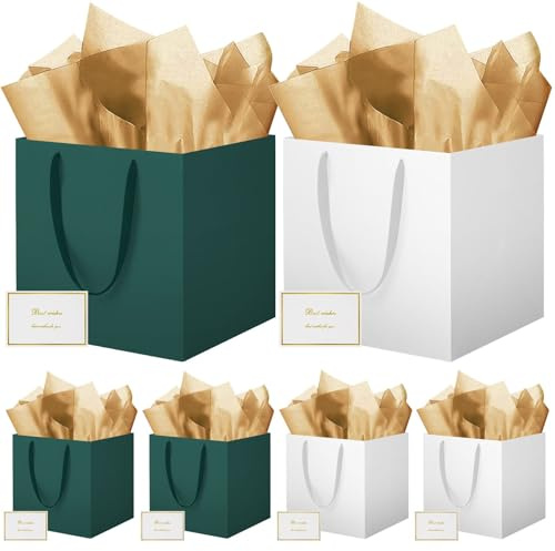 HONTIUS Geschenktüten Groß, 11.8 Quadratische Geschenktüten Geschenktüte xxl mit Taschentuch und Karten, Lächeln Geschenk Tüte Papiertüten mit Henkel 30 * 30 * 30cm Gift Bag Bags 6 Stück Grün Weiß