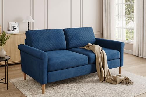 Vesgantti Stoff Doppelsofa 164cm, 2 Sitzer Sofa Blau mit beidseitigen Taschen, Sofa mit Kissen Montage ohne Werkzeug für Wohnzimmer, Schlafzimmer, Büro, kleinen Raum 164L*76D*85H cm
