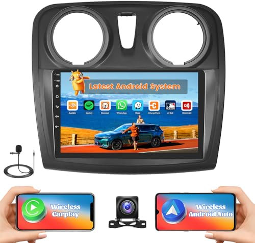 Hikity 2G+64G Android 13 Radio Coche para Renault Dacia Sandero 2014-2017 con Pantalla Táctil de 9, Radio 2 DIN con Carplay inalámbrico Android Auto Radio FM/RDS BT GPS WiFi + Cámara Trasera + Mic