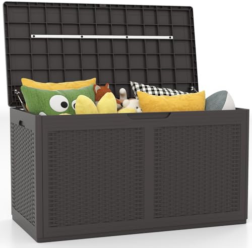 GOPLUS Coffre de Rangement Extérieur Étanche 380 L, Coffre Banc Jardin Exterieur avec 2 Roues, pour Balcon Terrasse, Coussins, Jardinage, Outils, Accessoires, Charge 200KG (Marron,111x56x61-380L)