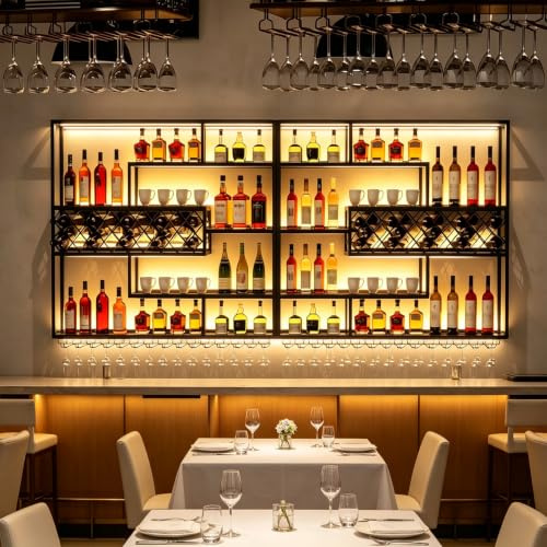 AUSKLEZU Estante de Pared para Vino con Rejilla y Luz LED | Botellero Industrial de Metal | 4Niveles con Soporte para Copas | Decorativo para Bar y Cocina (240CM)