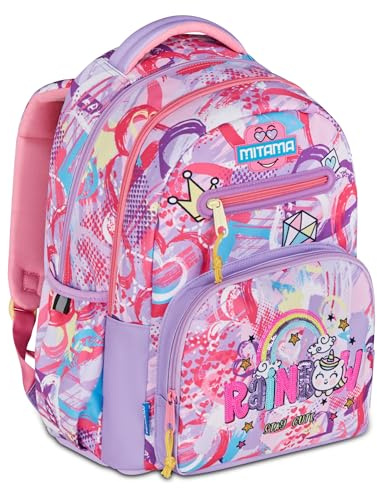 Mitama Zaino Scuola Elementare New Plus Rainbow, Extra Capienza, Bambini e Bambine, Tasca Porta Borraccia, Schienale Imbottito, viola