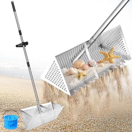 Colador de arena de acero inoxidable para playa y búsqueda de oro, pala de arena plegable de 134 cm con mango de 3 piezas y cesta colador de 20 x 40 cm, incluye recipiente colector y kit de fijación