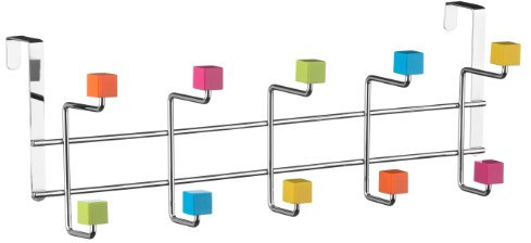 Premier Housewares 10 Hooks Coat Hanger Door Hooks Multi Colored Self Adhesive Hooks Chrome Finish Over Door Hanger H X W X D: 18 X 49 X 13 Cm