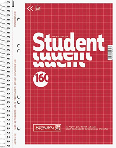 BRUNNEN Notizblock ? Collegeblock Student, kariert (5X A5 70g/m² 160 Blatt)