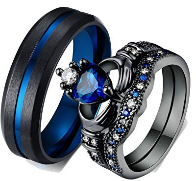 ANAZOZ 2 Stück Damen Herren Verlobungsring Edelstahl Vergoldet 6mm Breit Gebürstet Krone Solitär Diamantring Blau Claddah Ringe für Paar Ring Set Schwarz Frau:49 (15.6) & Mann:54 (17.2)