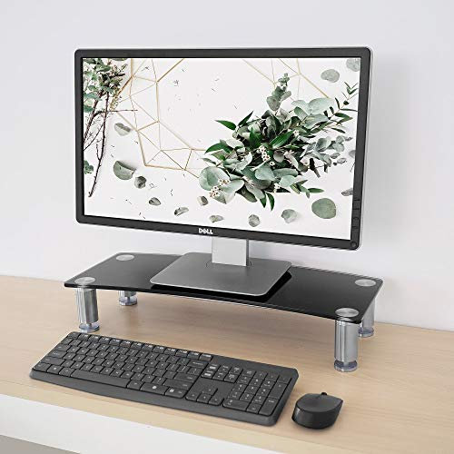 Monitor Stand Riser – Height Adjustable Desk Stand | Black Curved Glass & Aluminum Legs | Screen Riser for Monitors, Laptops & TVs (70 x 24 cm, Large)