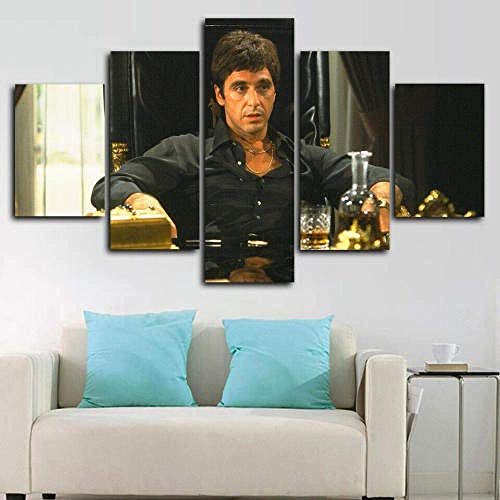 Airxcn Kreatives Geschenk 5 Panel Leinwand Wandkunst Leinwanddrucke Modern Home Wohnzimmer Dekoration Schlafzimmer Dekor Hd Print Poster Scarface Tony Montana Gangster