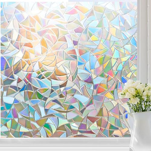 Beautysaid Rainbow Window Film Privacy: 3D Stained Glass Window Film, Static Cling Window Coverings Decoration for Home Kitchen (Rainbow, 44.5x200cm)