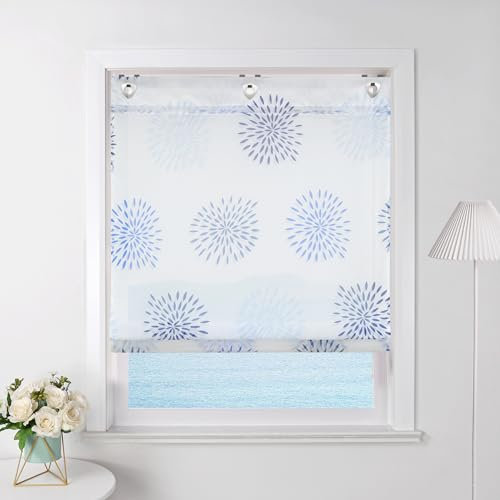 ESLIR Raffrollo ohne Bohren Raffgardine mit Ösen Transparent Gardinen mit Haken Ösenrollo mit Kreis-Motiven Modern Voile Blau BxH 80x140cm 1 Stück