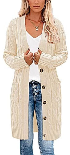 Earnmore Womens Long Cardigan Cable Knit Sweater, Long Sleeve Open Front Button Sweater Coats Outerwear with Pockets for Fall Winter (White, Large)