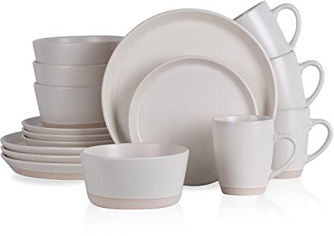 Stone Lain Jules Stoneware 16-Piece Dinnerware Set, Plates and Bowls, Service for 4, Off White, Microwave & Dishwasher Safe
