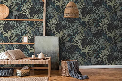 Papier peint jungle fond noir chambre adulte Tapisserie tropicale vert & noir salon & couloir Papier peint vinyle feuille couloir