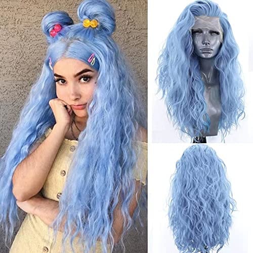 Greenmirr Wellig Aqual Blue Lace Front Perücken für Damen Seitenteil 13x3 Lace mit Glattes hitzebeständiges schwarzes Kunsthaar 24in