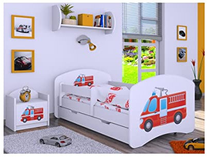 BDW Kinderbett mit Matratze und Bettkasten - NEU, 140/160/180/190 Verschiedene Motive Für Junge Weiß (Feuerwehr, 140x70)