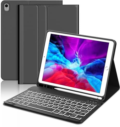 Tastatur iPad 9. Generation, iPad 10.2 Tastatur mit Hülle (iPad 9./8./7. Generation), Magnetisch Abnehmbarer mit QWERTZ 7-Farbige Beleuchtung Tastatur für iPad Air 3 und iPad Pro 10.5, Schwarz
