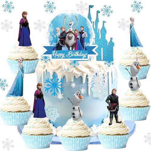 Drookaen 36 Stück Tortendeko, Frozen Tortendeko, Schneeflocke, Schloss TortendekoCupcake Topper, Eiskönigin Tortendeko, Frozen Muffin Deko, Geburtstagstorte Topperfür Mädchen