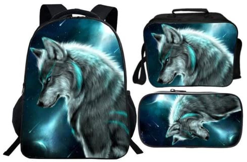 SLCSL Rucksack Blau Cool Wolf Print 3 In 1 Student Bookbag Schultaschen Set, Rucksack für Kinder, Jungen, Mädchen, Teenager,Schulrucksack