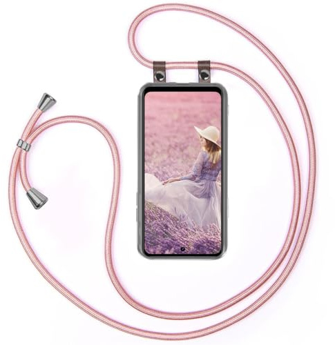 moex Handykette für Motorola Moto G51 5G Hülle mit Band abnehmbar, Handyhülle mit Kette zum Umhängen, Handyband 155 cm lang Stoff Kordel Umhängehülle, Handy Umhängeband, Rosegold