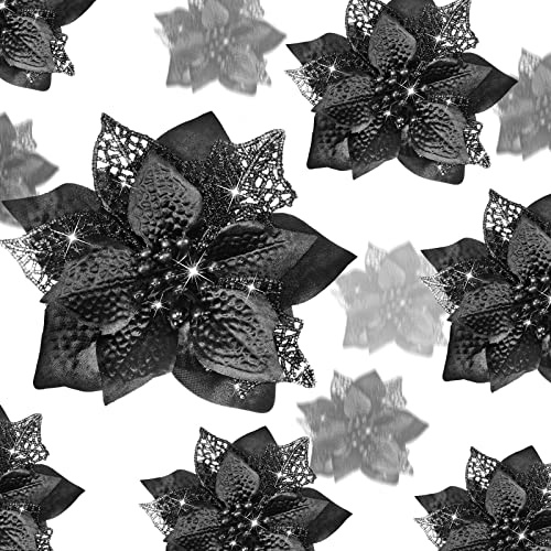 36 Pieces Christmas Glitter Poinsettia Faux Flowers Christmas Flowers Decorations Wedding Xmas Tree New Year Ornaments (Purple) (Black)