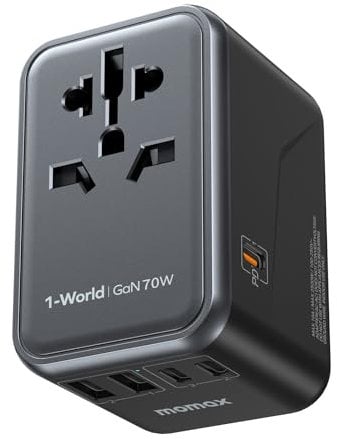 MOMAX Adattatore Universale da Viaggio 70W GaN, 3 USB-C, 2 USB-A, Presa AC, PD3.0, Ricarica Rapida, Compatibile con UK/USA/Australia, UE, Giappone, Canada ecc, Nero