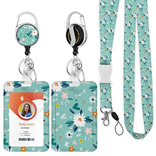 ID Badge Holder mit Lanyard, einziehbare ID Badge Card Holders Abnehmbare Hals Lanyard Strap mit Badge Reel und vertikale ID-Halter für Krankenschwester Studenten (Flower 2)