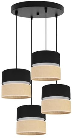 Light-Home Juta Hängelampe - Deckenlampe - Pendelleuchte aus Metall mit Lampenschirm aus Stoff - E27 - Oval 4-Flammig 20 cm - Schwarz Untersatz - Jute Schwarz