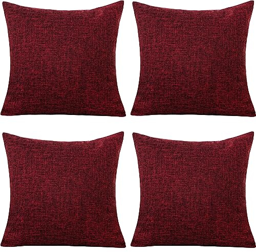 GONOVE Cushion Covers 60×60cm Solid Soft Cotton Linen Throw Pillow Cover Set of 4 Decorative Plain Pillowcase Square Cushion Cover for Home Sofa Bed Chair Décor, Wine Red