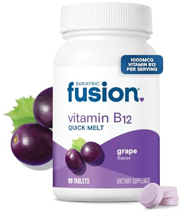Bariatric Fusion Vitamin B12 Sublingual 1000 mcg Melts | Grape Flavored | Vitamin B12 Dissolve Under Tongue Tablets with Folic Acid | Sugar Free | Methylcobalamin | 90 Count