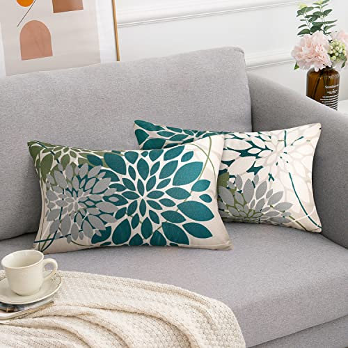 RYBornament Sofakissen Bezug Grün Deko Kissenbezug 30x50 Sofakissen Set Blau Grün Couchkissen Bezüge Sommer Blumen-dekorativ Kissenbezug Für Draussen Drinnen Möbel Dekor, 2er Pack