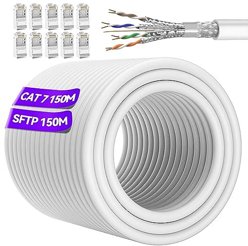 Soibke Cavo Ethernet 150 Metri, Cavo Lan Cat 7 Schermato 24AWG 10Gbps Cavo Internet Alta RJ45 Cavo Lan Molto Lungo Gigabit Cavo di Rete S/FTP Bianco Cavo Patch Impermeabile Esterno per Router
