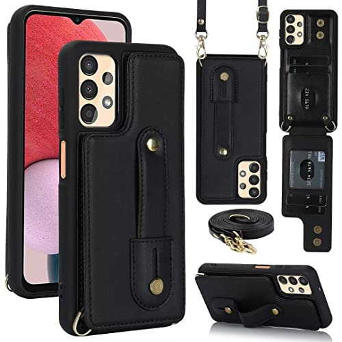 Crossbody Wallet Case for Samsung Galaxy A34 5G with Card Holder, RFID Blocking PU Leather Purse Samsung Galaxy A34 5G Phone Cases Kickstand Wrist Strap Lanyard Shockproof Cover for Women Men- black