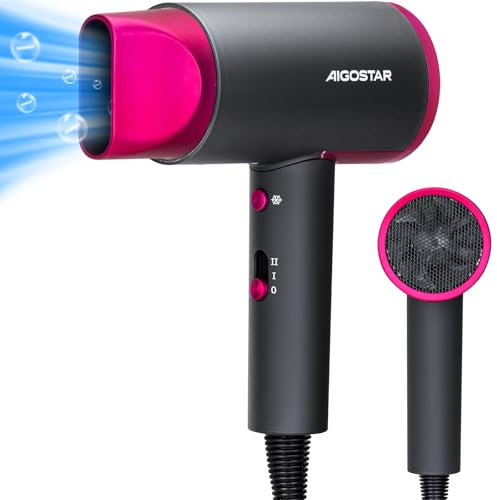 Aigostar Dora - Secador de Pelo 2200W, Secador Pelo Ionico, 3 Temperaturas, 2 velocidades, Secador de Viaje con Botón Frío, Rejilla Trasera Desmontable, Para hogar viajes gimnasio