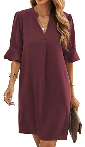 Famulily Frauen V-Ausschnitt Halbarm Hemdkleid Elegant Sommer Casual Einfarbig Kurzes Kleid S-XXL