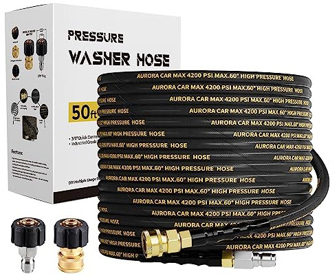 AURORA CAR Pressure Washer Hose 50FT with 3/8 Inch Quick Connect, Kink Resistant High Tensile Wire Power Washer Hose, Industry Grade for Power Washer Hose with 2 pcs M22 14mm Adapter Set,4200 PSI