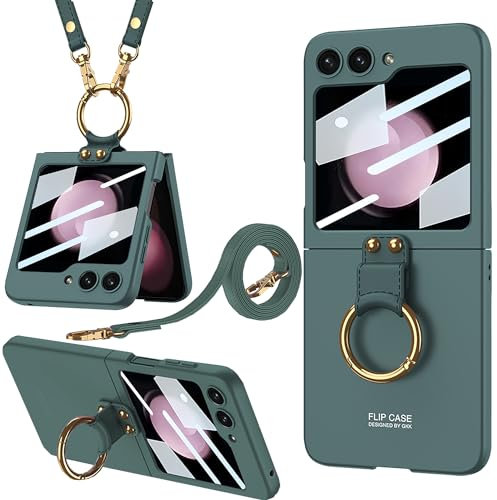 Miimall Kompatibel mit Samsung Galaxy Z Flip 5 Hülle mit Kameraschutz, [Externer Bildschirmschutz] [Band+Ring+Ständer] Stoßfest Handy Schutzhülle für Galaxy Flip 5-Waldgrün