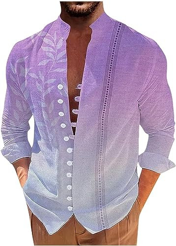 Camicia da uomo a maniche lunghe, in lino, con bottoni, vestibilità ampia, stile vintage, colletto a fascia, top elasticizzato Henley, Foglia Viola A, XX-Large