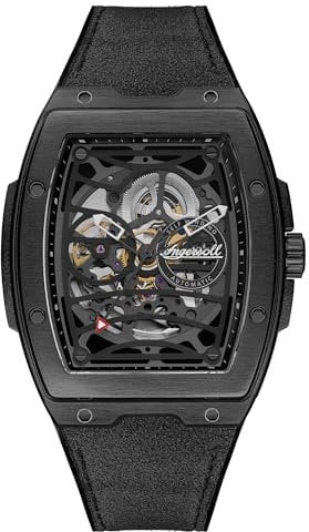 Ingersoll The Challenger Herren-Automatikuhr, 42 mm, mit schwarzem Sleketon-Zifferblatt und schwarzem PU/Alcantara-Armband