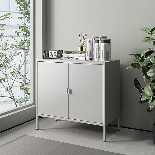 [en.casa] Aktenschrank Hailuoto Büroschrank aus Stahl Mehrzweckschrank mit 2 Türen Materialschrank mit höhenverstellbarer Ablage 80x40x75cm für Arbeitszimmer Büro Hellgrau