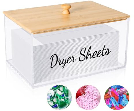 TCJJ Acrylic Dryer Sheet Container With Bamboo Lid, Dryer Sheet Holder for Laundry Room Organisation, Laundry Storage Containers With Label, for Laundry Pods/Dryer Balls/Clothes Pins