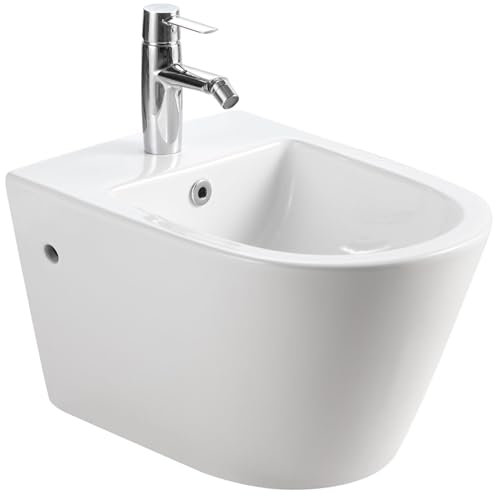 HOROW Wand-Bidet für Intimdusche Sitzbad Keramik Weiß Waschbeckendusche Randloses Bidetbecken, Badezimmer WC Dusche Taharet, mit Hahnloch und Überlauf, Badezimmer