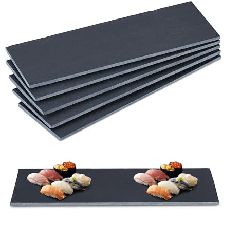 Relaxdays 6 Placas estrechas de 30 x 10 cm Set de 6 Platos de Pizarra, Servir Queso y Postres, Bandejas Piedra Inscribibles, Antracita